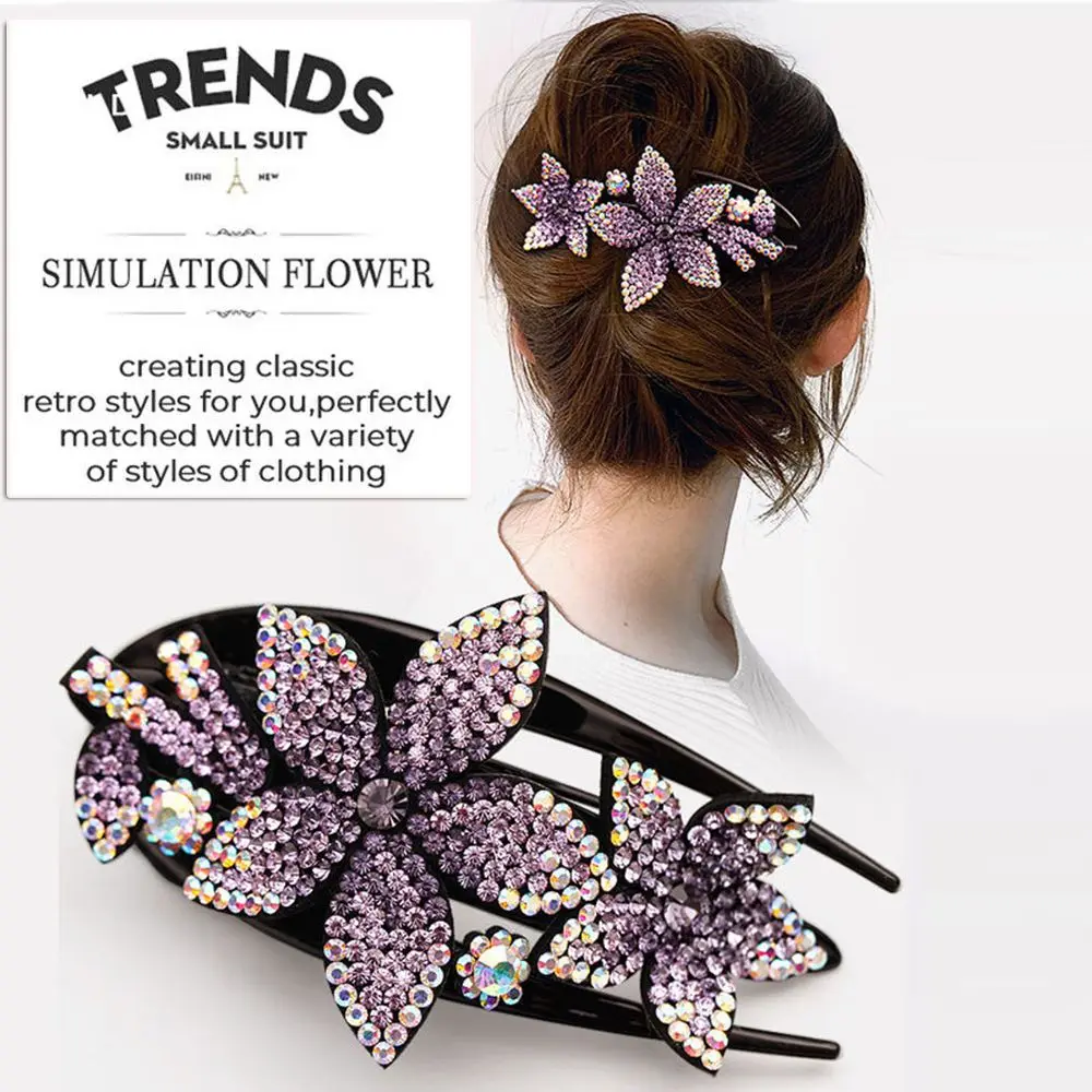 Hair Claw Charm Women Rhinestone Durable Flexible Double Flower Hair Clip