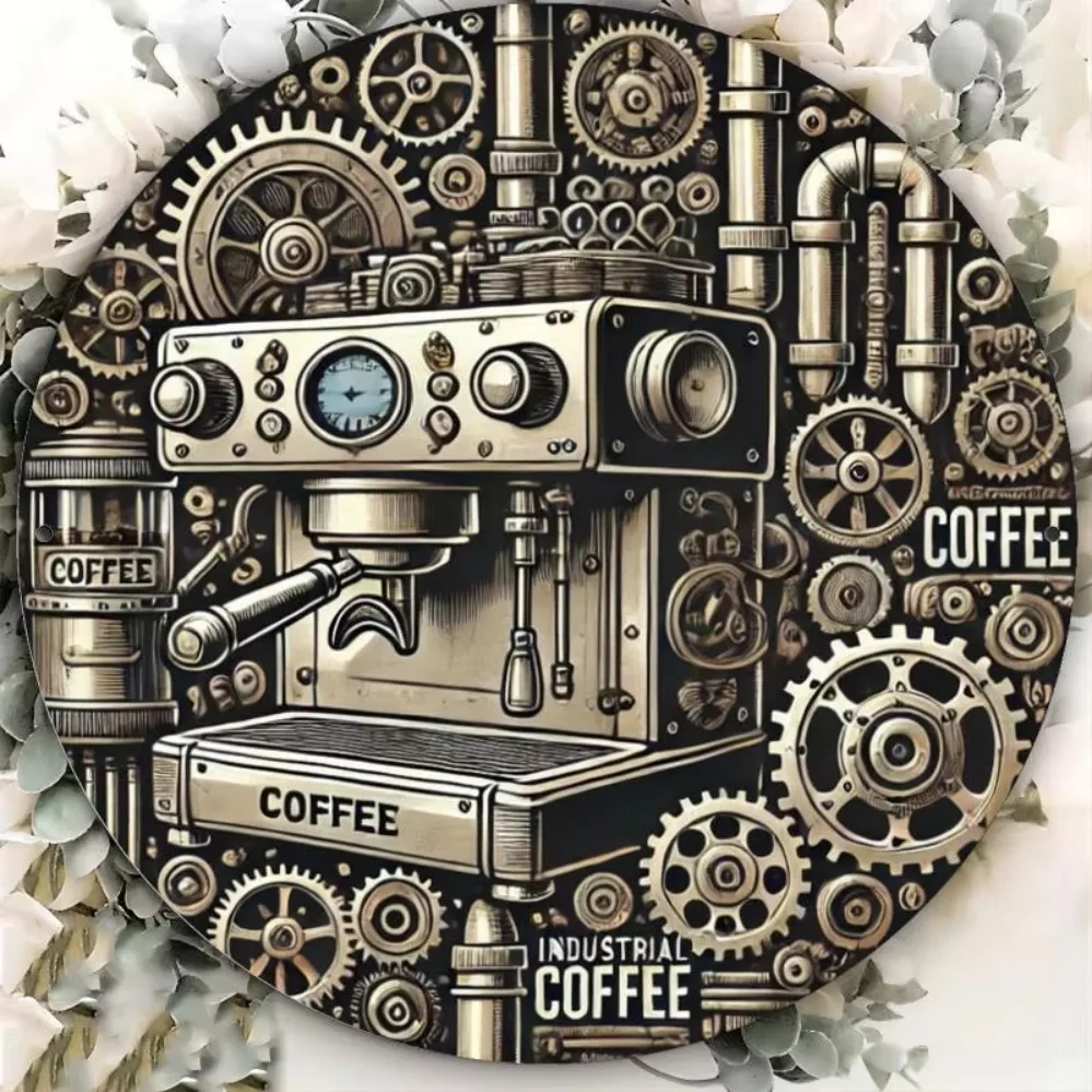 Room Decor Industrial Coffee Machine Round Aluminum Sign, Vintage Style Metal Wall Art for Cafe, Bar, Restaurant