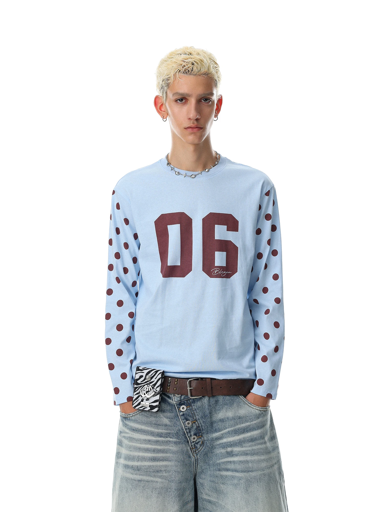 Retro American Polka Dot Letter Print Long Sleeve T-Shirt Unisex Loose round Neck Versatile Casual Top for Men And Women