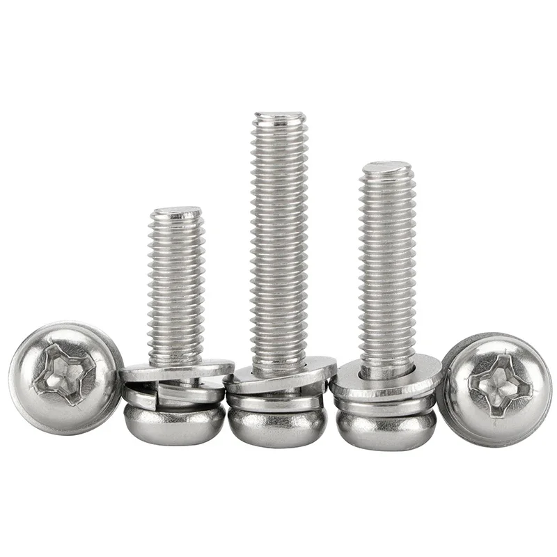 304 Stainless Steel Phillips Cross Recessed Pan Head Sems Screws Flat Spring Washers M2~M10 Three Combination Machine sems screw