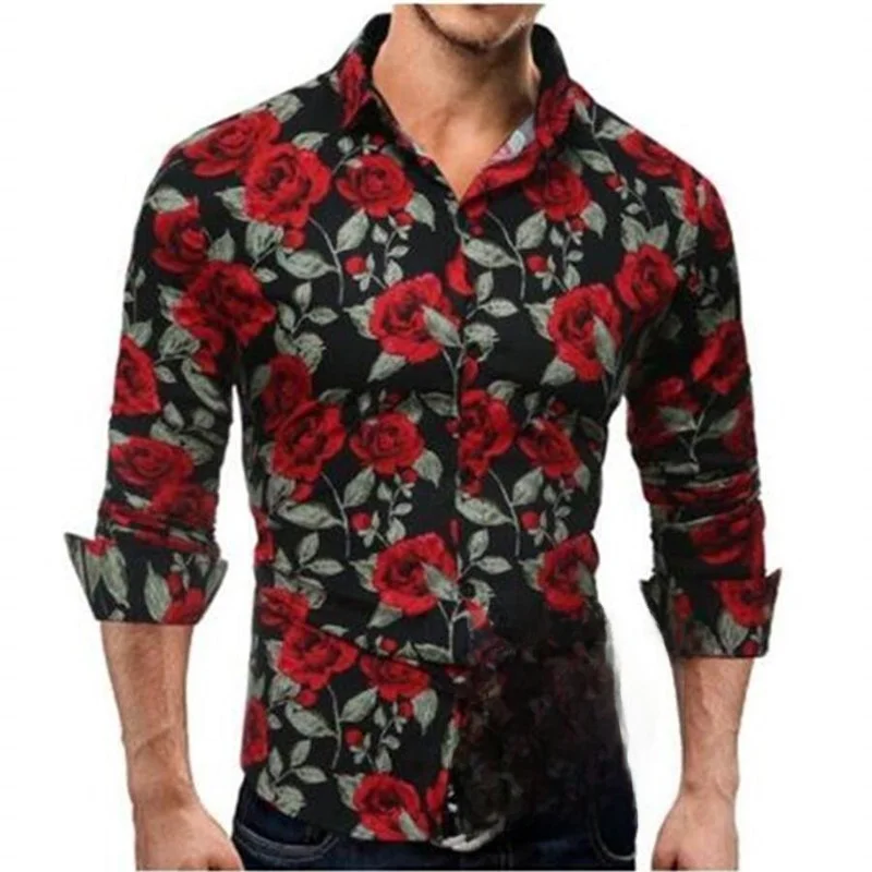 

Men's Slim Fit Floral Shirt Long Sleeve Autumn New Style PU Leather Velvet Material Windsor Collar Mechanical Style ...
