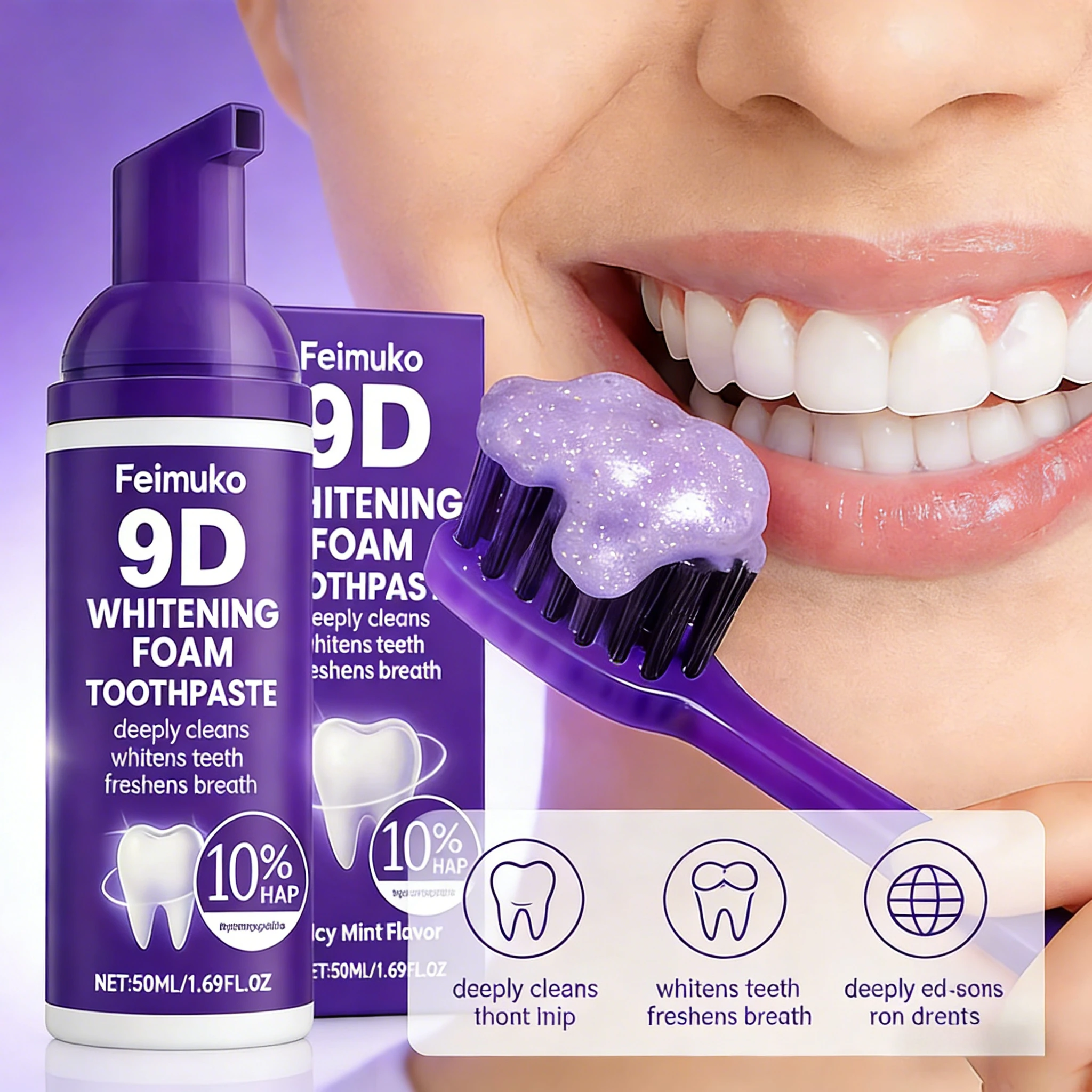 9D Purple Tooth Mousse WHITENING FOAM ZAHNPASTA 10% Hydroxyapatit Frischer Atem Reise-Zahnaufhellung Fleckenentfernung Mundpflege