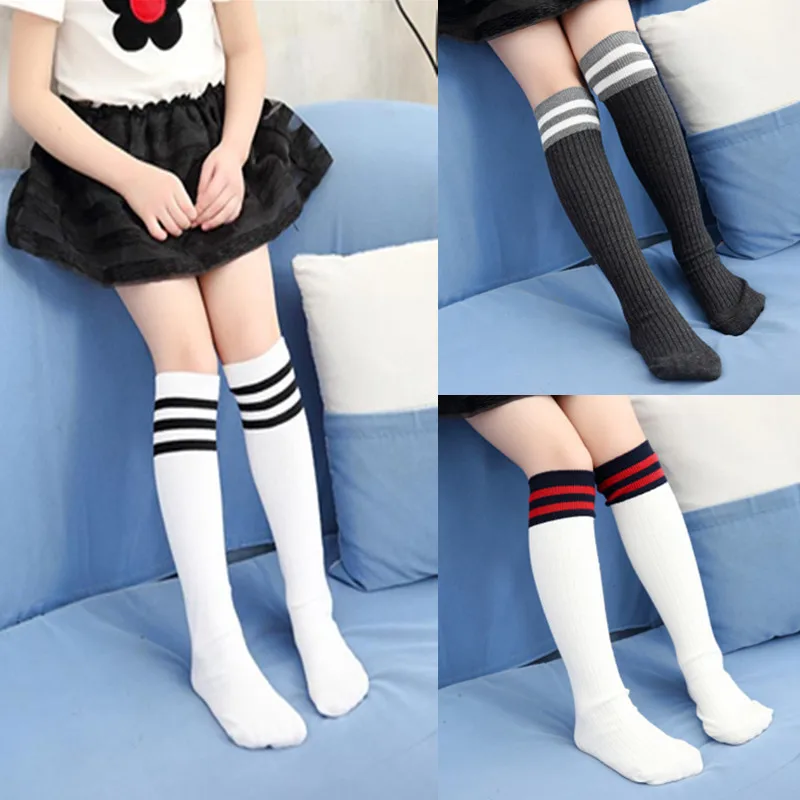 

1 Pair Spring Autumn Unisex Children Stockings Cotton Breathable Stripe Knee High Socks Student School Long Tube Football Socks