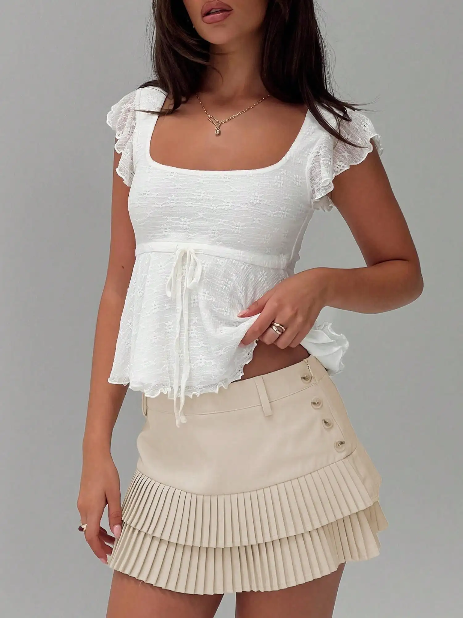 

White Lace Square Neck Ruffle Sleeve Top with Drawstring Waist
