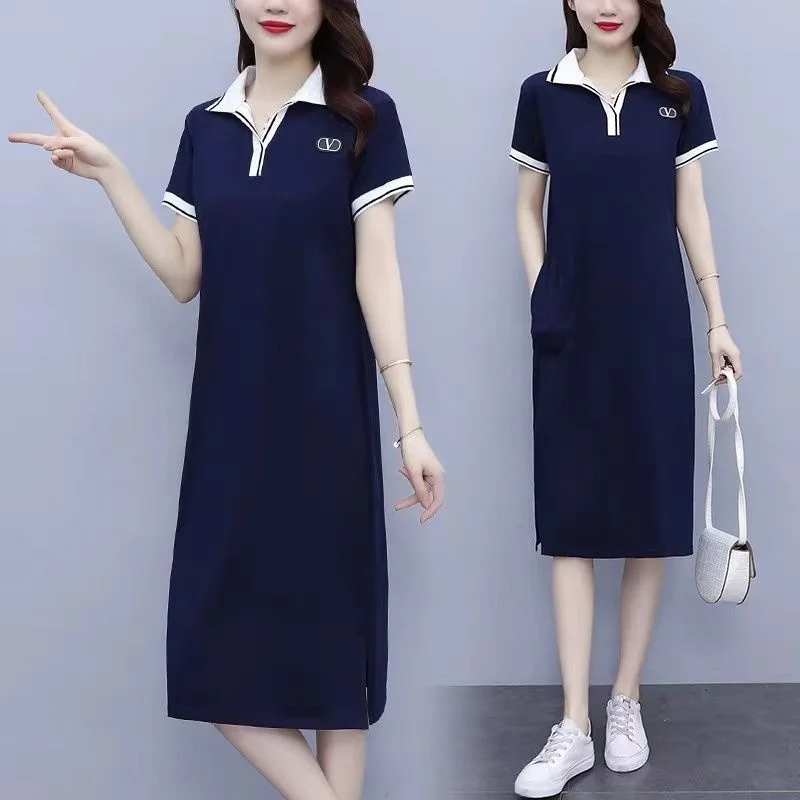 2024 Summer Women's New Thin Western-style Slim Loose Belly Long T-shirt Sports Style Knee-length Fashion knitted Dress