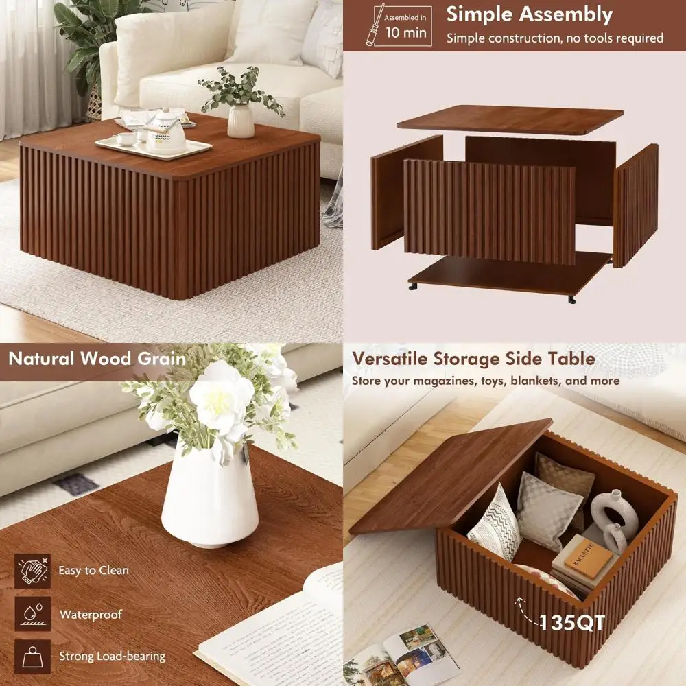 

Современный большой квадратный журнальный столик середины века с рифленым дизайном, столешницей из цельного шпона и местом для хранения вещей