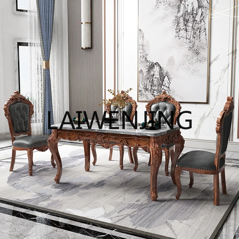 

Ebony style marble square dining table and chair combination solid wood carving flower dining table