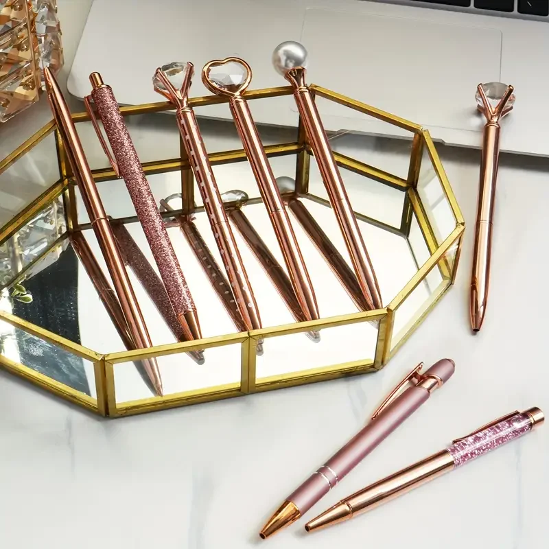 3pcs/5pcs/8pcs/9pcs Rose Golden Metal Ballpoint Pen Set, Pearl Quicksand Crown, Love Artificial Diamond,School&Office Supply