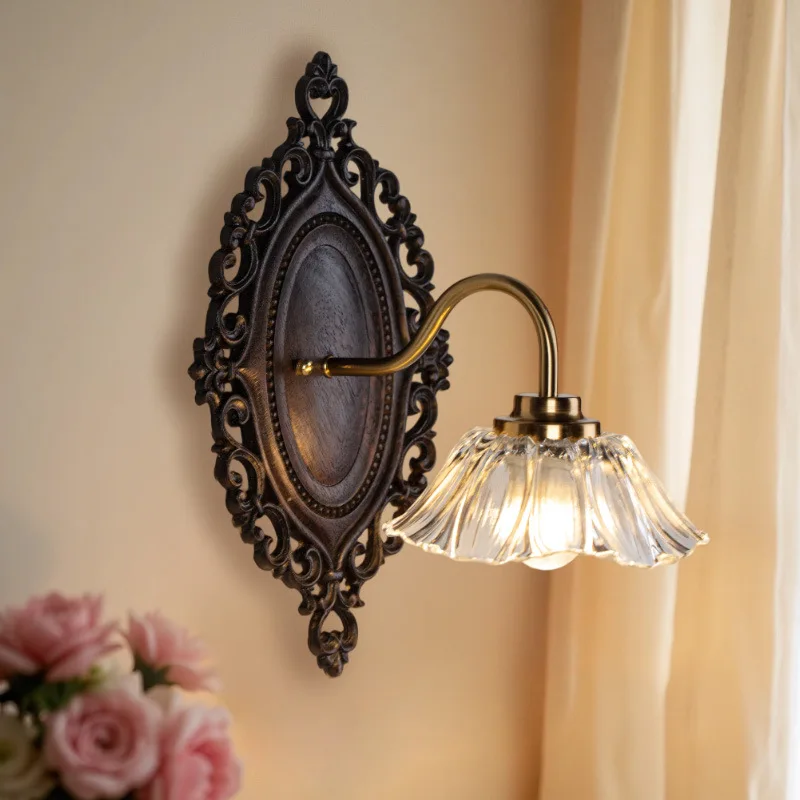 Vintage LED wall lamp luxury flower shadow solid wood bedside French living room bedroom ancient mirror front