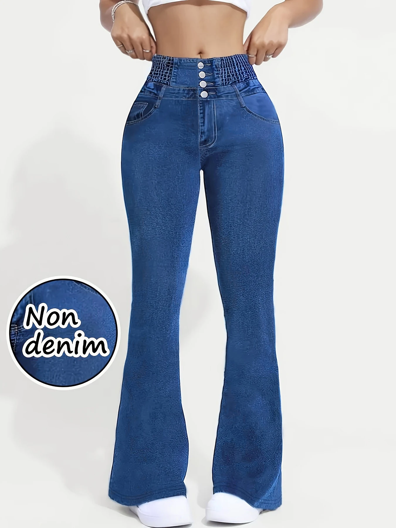 High-Waist Elastic Bell Bottoms Denim Look Sports Yoga Pants Fitness Casual Two-Way Wear Breathable Soft Bare Skin Sensation