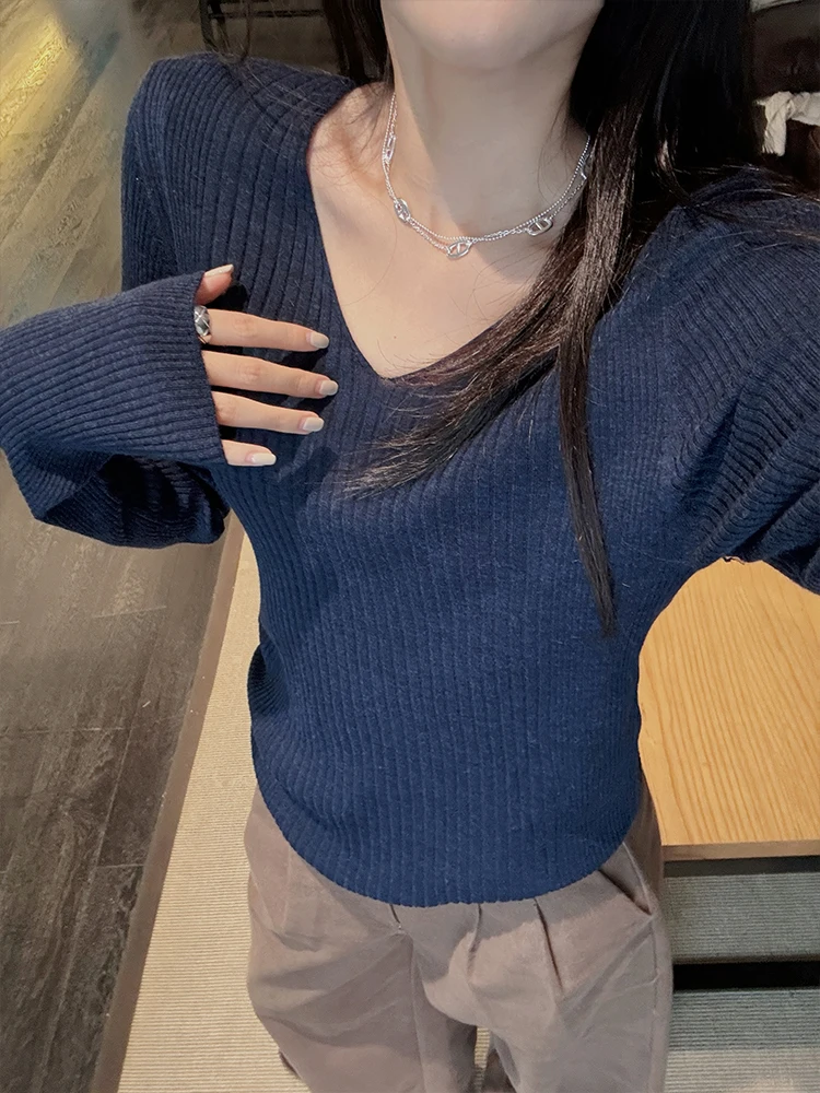 

Ультратонкий шерстяной вязаный свитер с V-образным вырезом для похудения, женский, весенний, приятный к телу, универсальный, для ношения под одеждой, в корейском стиле, для повседневной носки