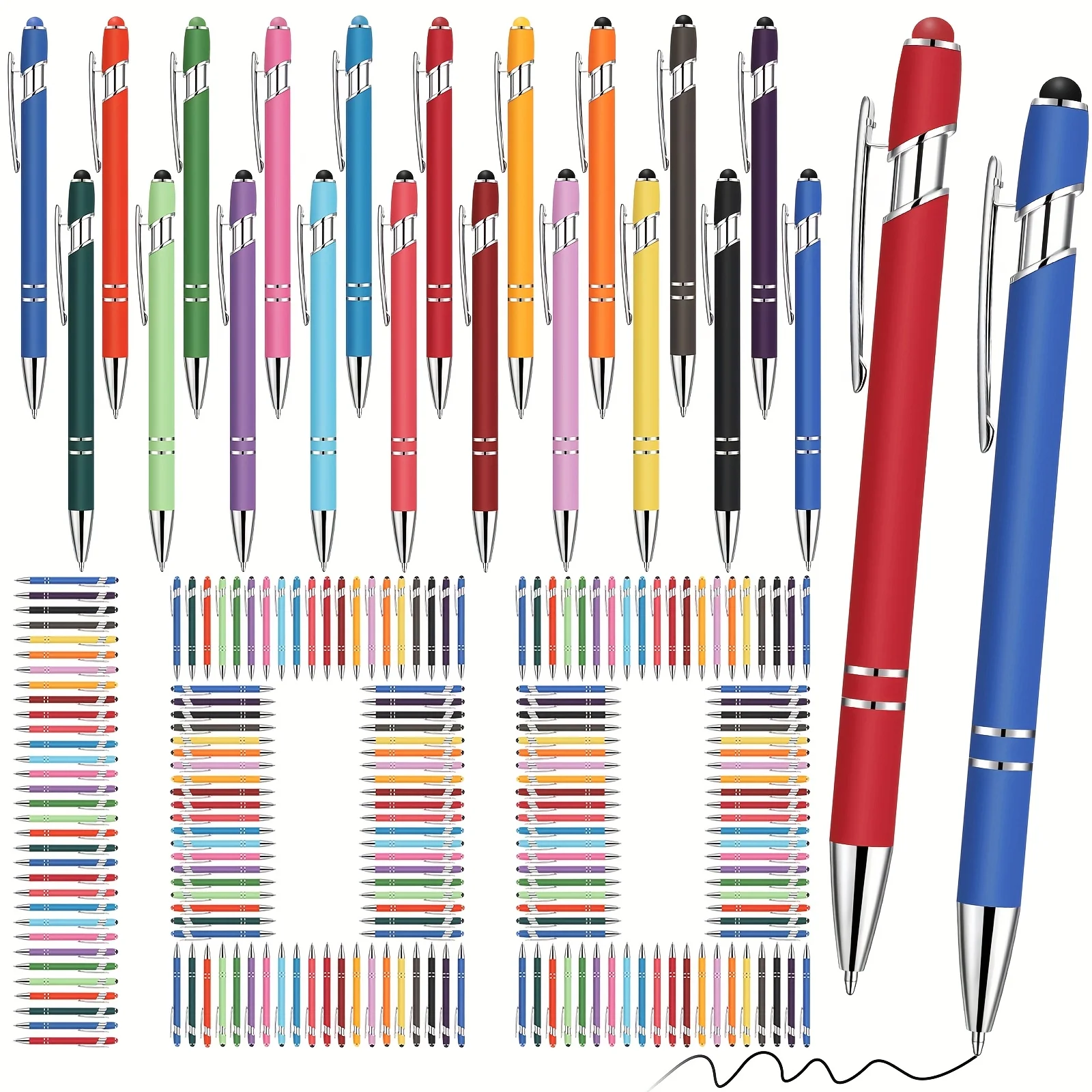

100pcs Ballpoint Pen with Stylus Tip Click, 2in 1 Black Ink, 1.0mm Medium Point Stylus Metal Pen (Assorted Colors)