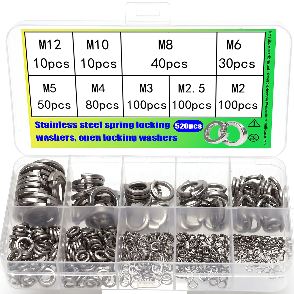 520pcs Stainless Steel Spring Lock Washers Set, M2-M12 - 9 Sizes of Open Locking Washers, for Automotive and Machinery Repair.