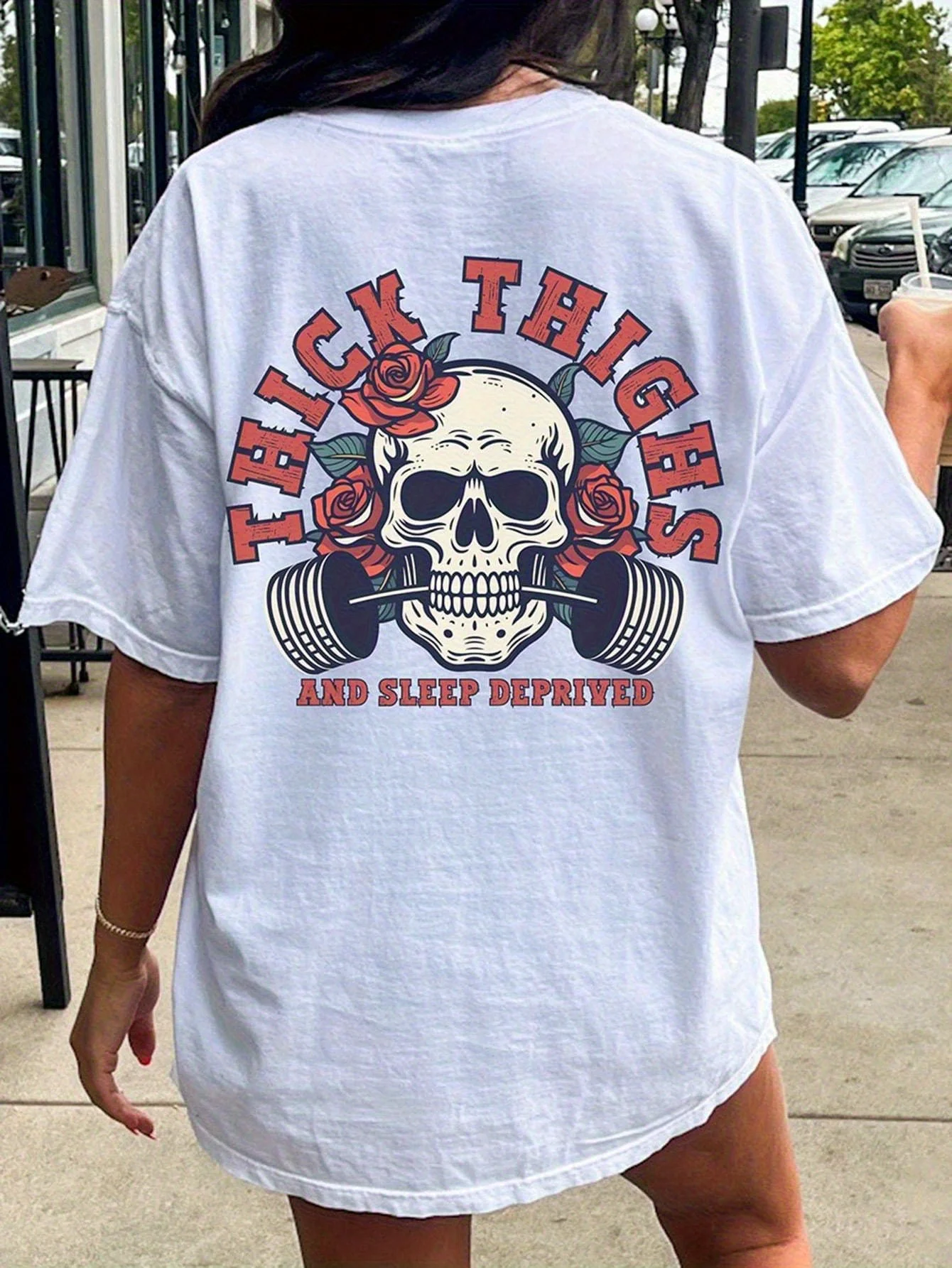 

Teeraphuique Women's Plus Size Skull & Roses Graphic T-Shirt 100% Casual Crew Neck Thick Thighs Slogan Short Sleeve Mac