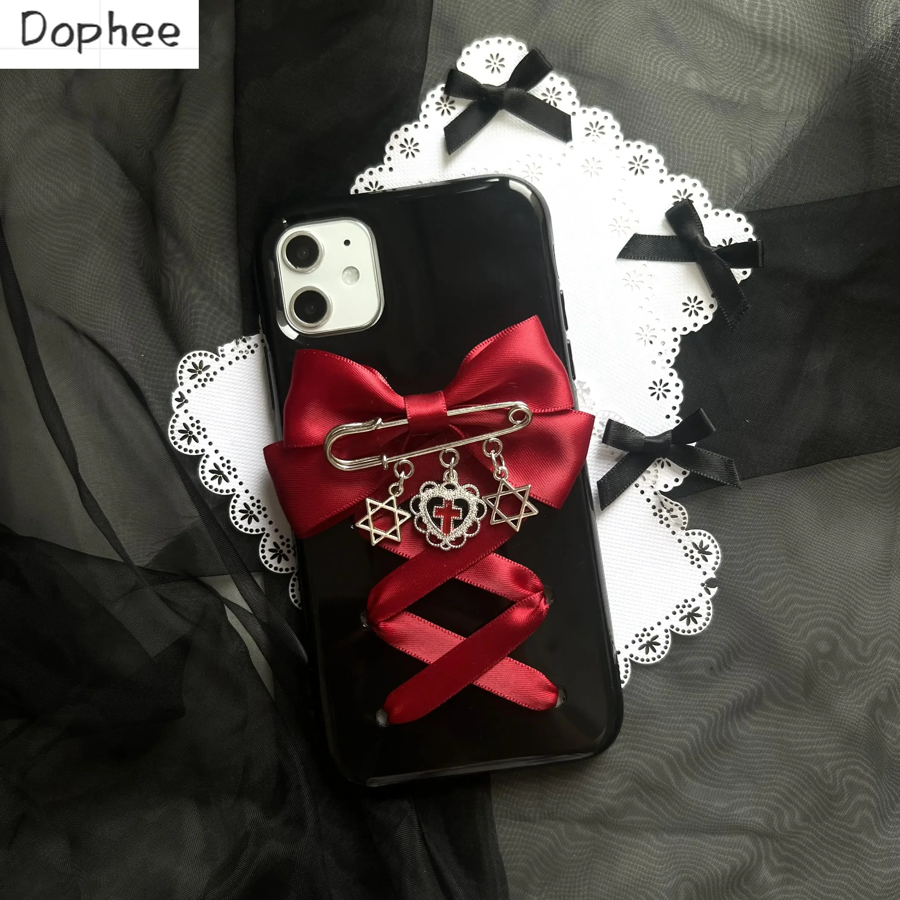 Dophee Original Lolita Red Bowknot Women Mobile Phone Case Personality Cross Tpu Soft Apple Covers IPhone 12 13 14 15 16Promax