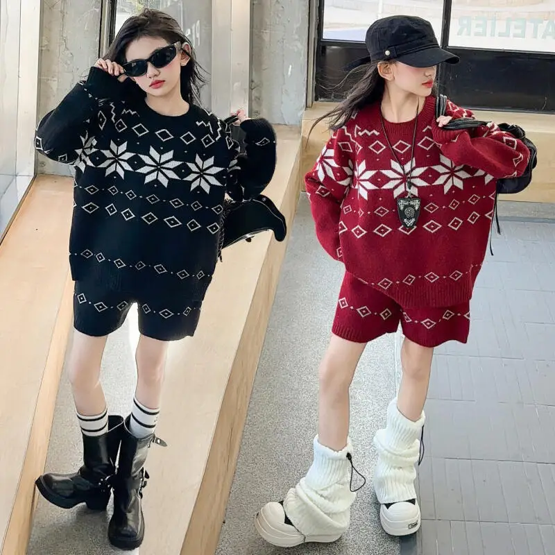 

Kawaii модный свитер для девочек и шорты, комплект студенческих весенне-осенних топов с героями мультфильмов, трикотаж, комплект из 2 предметов, повседневная детская одежда