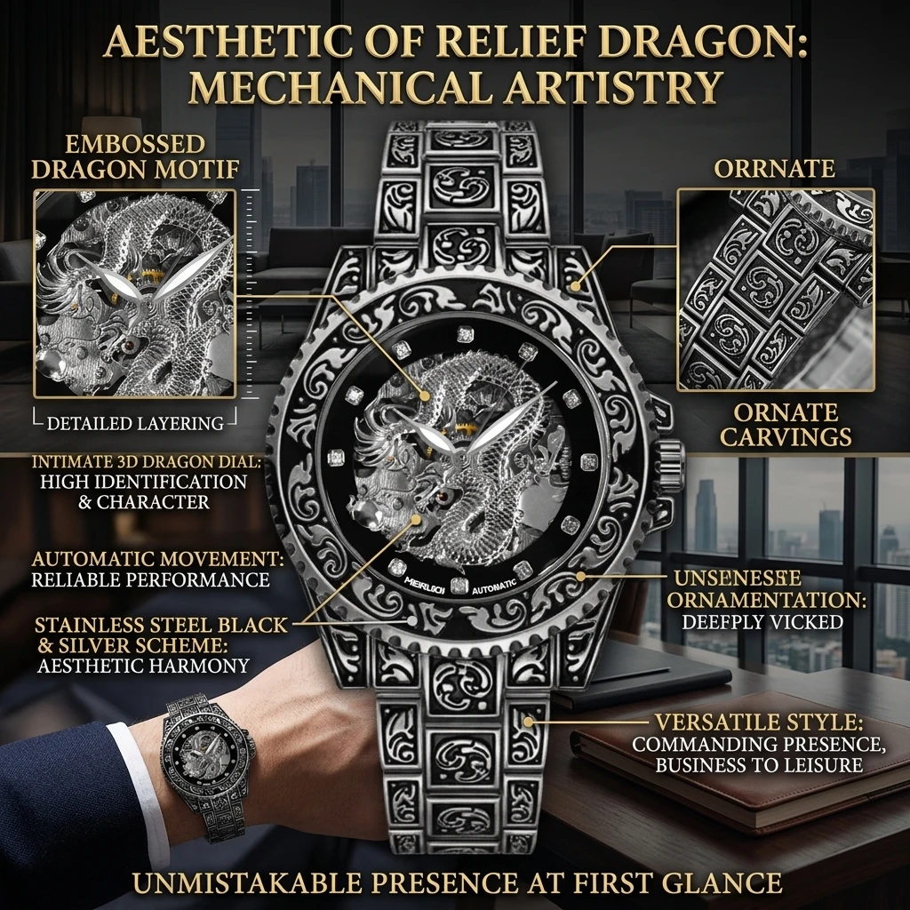1pc Automatic Mechanical Watch Pattern Engraved Strap Dragon Design Fashion Watch, Domineering Model