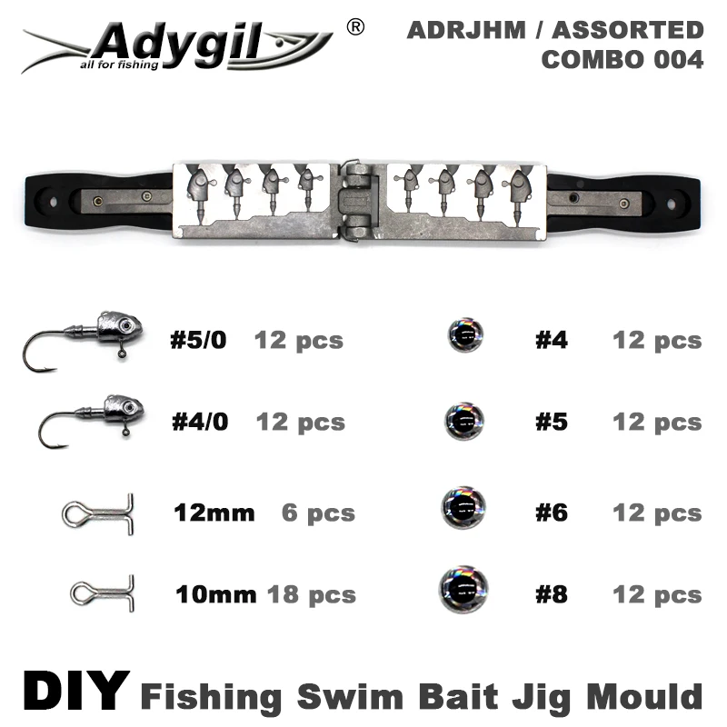 Adygil DIY Fishing 97 szt. Przynęta na pływanie Jig Head Mold ADRJHM/ASSORTED COMBO 4 wgłębienia 1/4 uncji 1/2 uncji 3/4 uncji 1 uncji