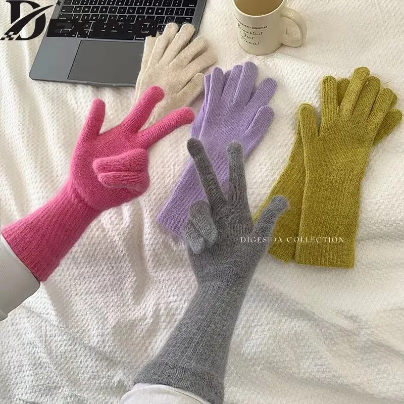 2022 Korean Longer Gloves Women Winter Rabbit Knitted Finger Gloves Christmas Thick Warm Gloves