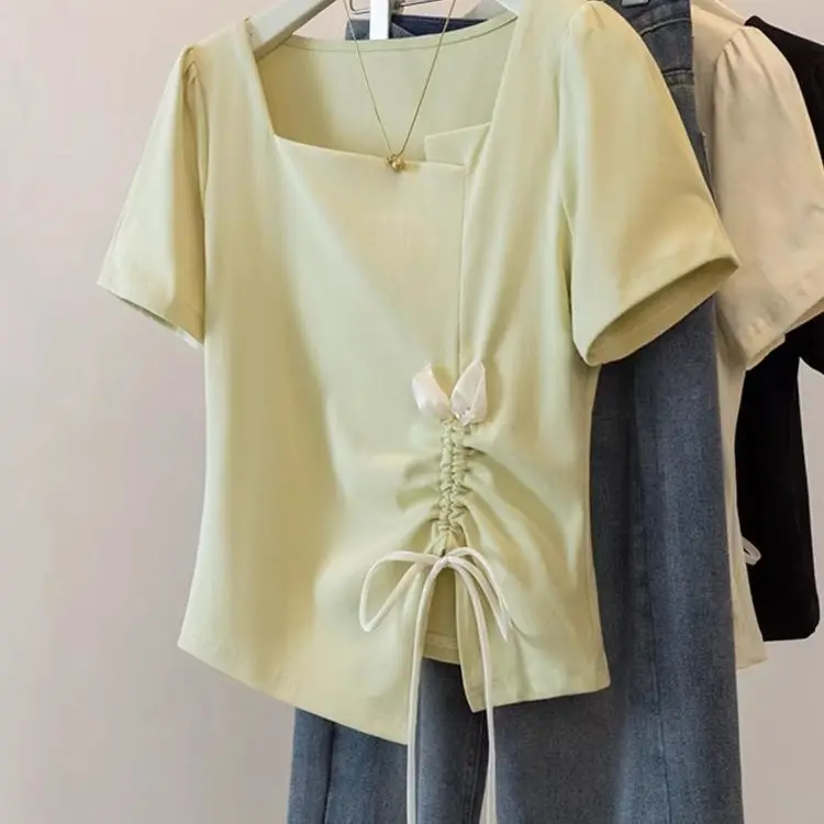 

Summer Large-size Women's Clothing New Loose and Thin Versatile Irregular Drawstring Square Neck Short-sleeved T-shirt