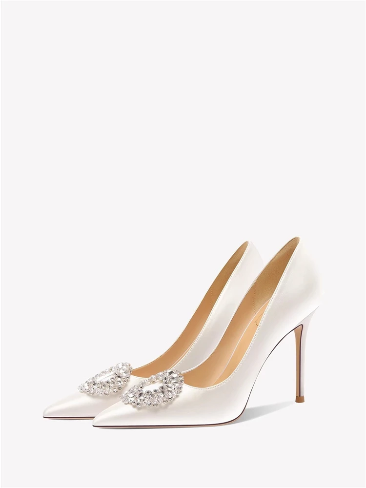 Stiletto heels spring pointed shallow silk rhinestone pearl buckle wedding shoes banquet large size small size women's shoes