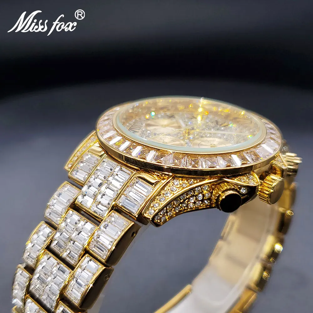 Luxury Quartz Watches For Male Gold Gem Bezel Diamond Face Waterproof Men\'s Watch Heavy Expensive Stylish Hand Clock Wholesale