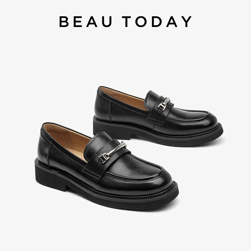 BEAUTODAY Penny Loafers Women Calfskin Round Toe metal Decorations Solid Color Sewing Design Female Casual Shoes Handmade 26428