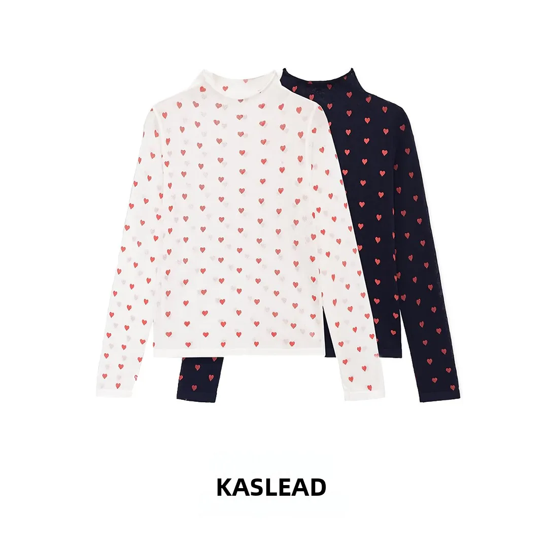 Fashionable Long Sleeve Stand Collar Heart Shaped Top Women's Clothing Versatile Style Polyester Fiber Spring Season