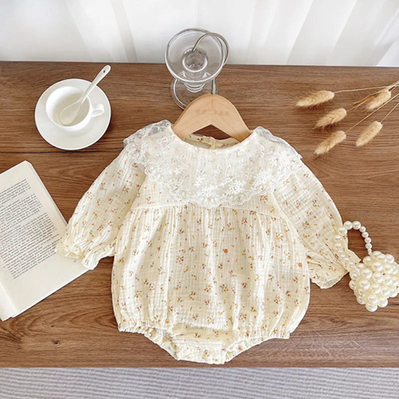 

Newborn Muslin Cotton Bodysuit Lace Princess Long sleeves Romper 0-24 Month Baby Girls Jumpsuit Clothes