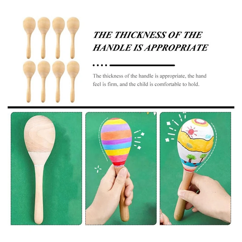 12Pcs Unfinished Wooden Maracas Blank Wood Rumba Shaker Rattle Orff Hand Percussion Musical Instrument For Adults Kids Durable