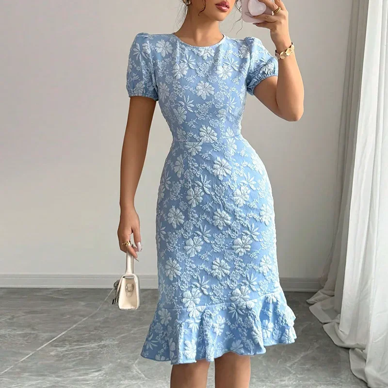 Women O-Neck Embroidery Ruffle Party Dress Summer Floral Casual Short Sleeve Solid Slim Wrap Hip Dreses Vacation Temperament