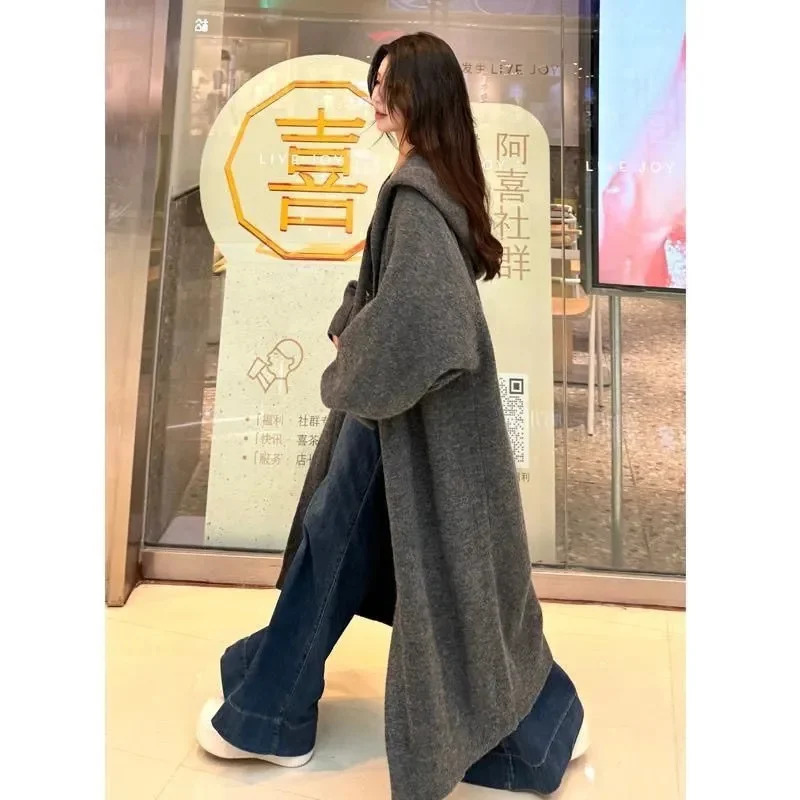 Lazy Style Knee Length Hooded Knitted Cardigan Coat for 2024 Autumn and Winter New Thick Gray Loose Sweater Jacket for Commuting