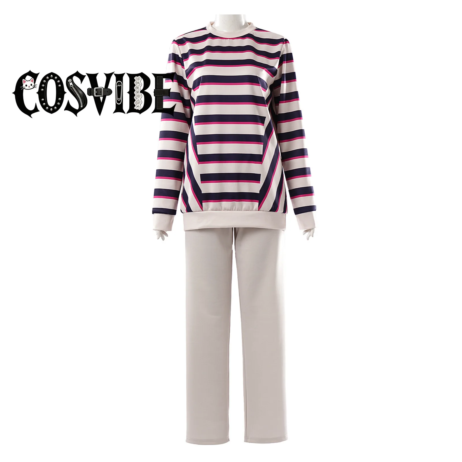 

Nancy Wheeler Striped Cosplay Costume Color Block Sweatshirt Pants Set Halloween Carnival Suit for Women Men Season 4