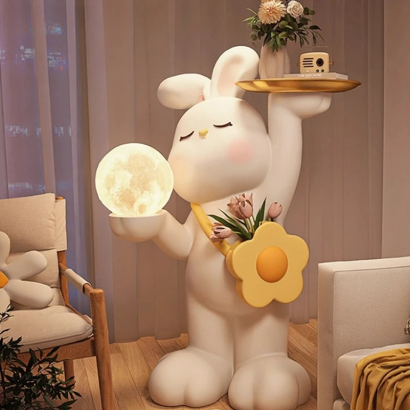 Cream White Rabbit Resin Floor Lamps Creative Cartoon Ornament Living Room Bedroom Study Interior Decorative LED Standing Lights