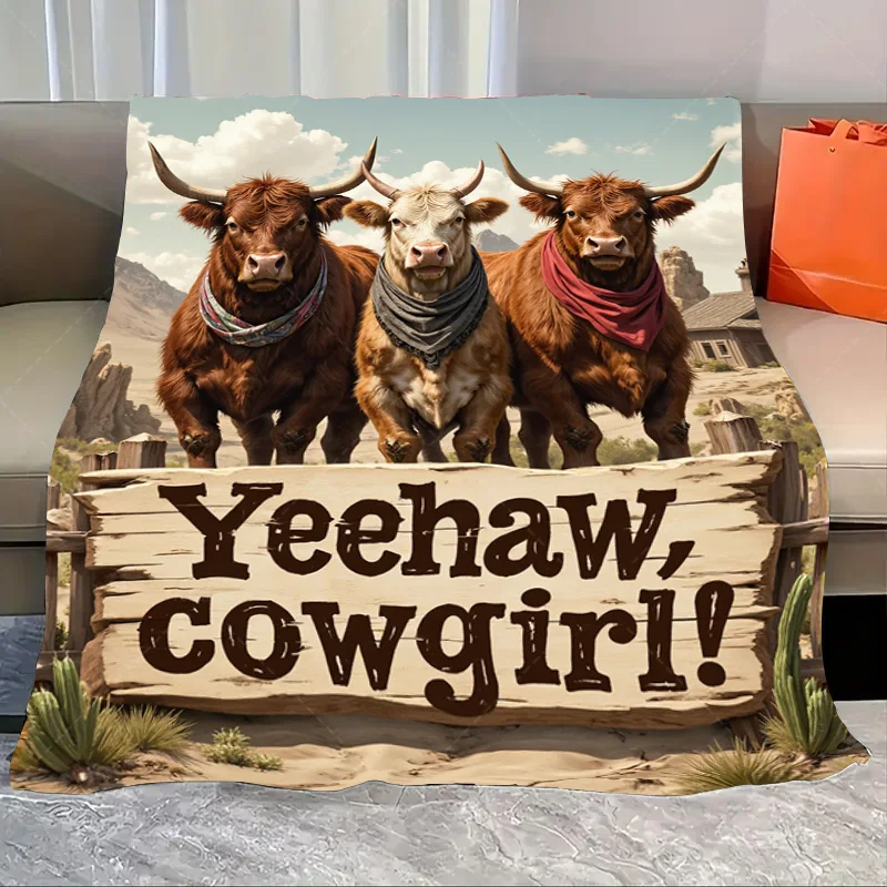 

1шт фланелевое одеяло Yeehaw Cowgirl! Одеяло в западном стиле с ковбойскими коровками и сценами пустыни