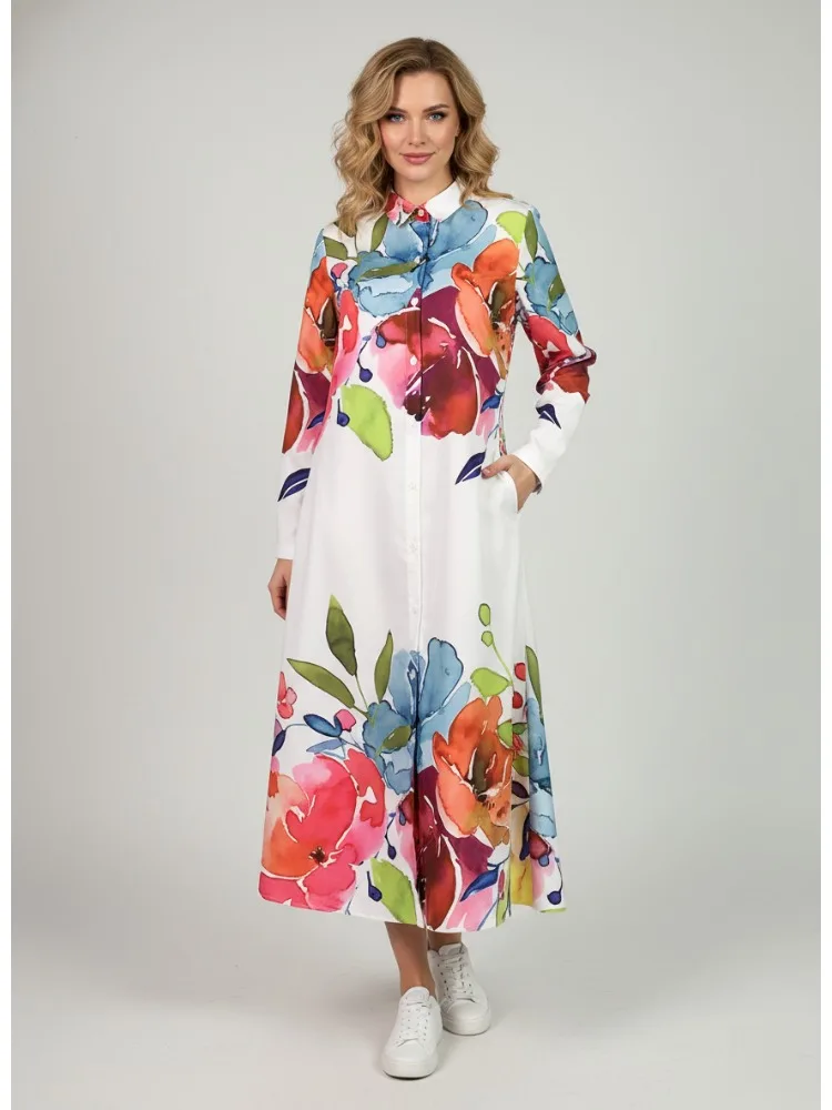 2026 Spring New Women's Casual Art Maxi Dress Floral Print Lapel Collar Long Sleeve Buttoned Shirt Dress Loose Fit Casual Dress