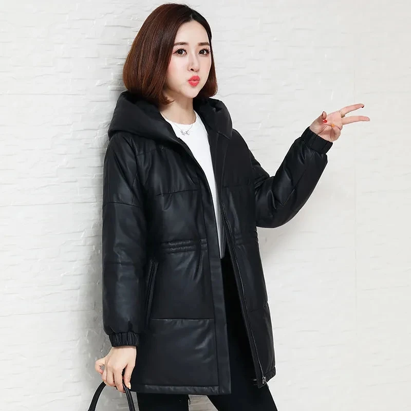 Black PU Leather Down Cotton Jacket For Women Mid-Length Hooded Thick Faux Leather Coat 2024 Autumn Winter New Windproof Outwear