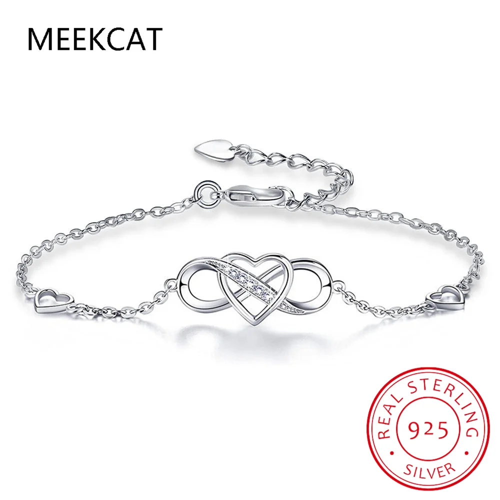 925 Sterling Silver Infinity Endless Love Symbol Heart Charm Adjustable Bracelet Fine Jewelry Pulseiras for Women Mother's Day