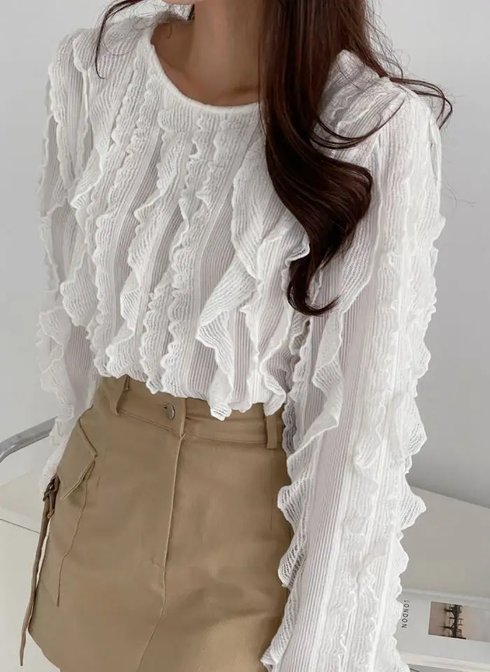 

Chic round Neck Splice Hollow out Back Loose Fit Slimming Shirt Women's Fashionable Transparent Long Sleeve Cotton Top