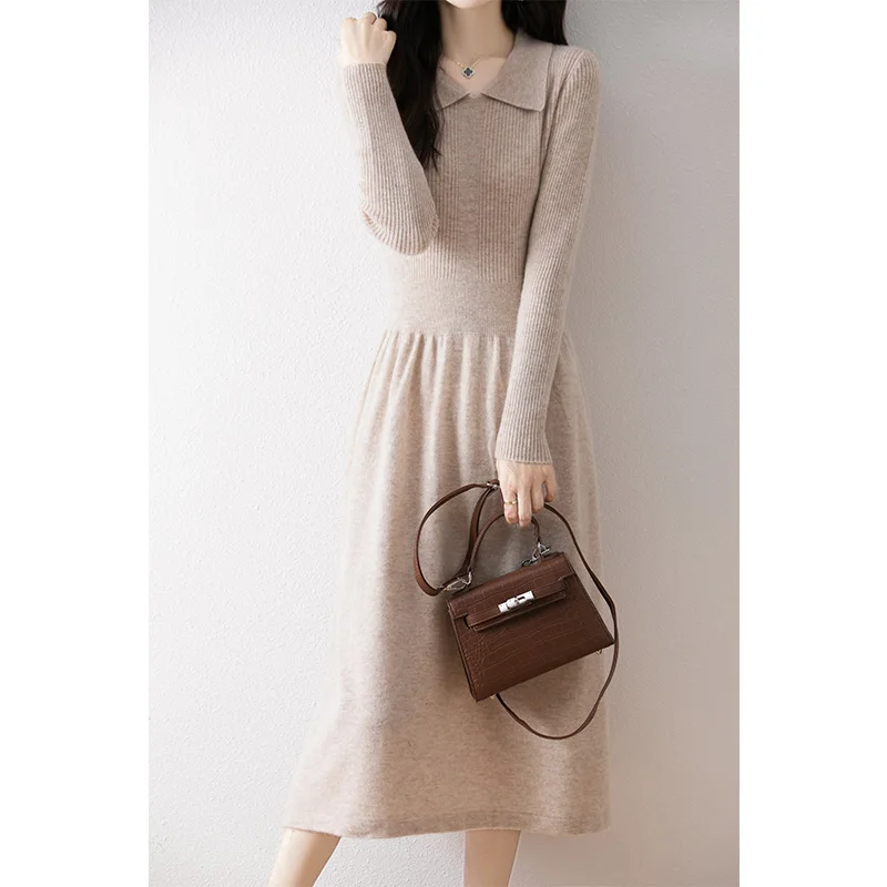 100% pure wool women's long skirt hot sale 2024 winter new fashion cashmere dress women's POLO collar wool clothing