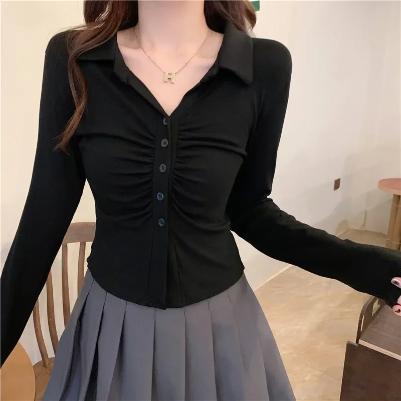 

Shinny T-shirts Women Commuting Long Sleeve Solid Sexy Single Breasted All-match Minimalist Fashion Soft Turn-down Collar Chic