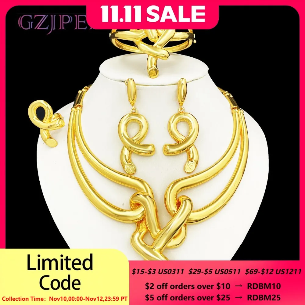 

GZJPEI Exaggeration Big Jewelry Set Chunky Large Necklace Bracelet Twist Earring Ring Hight Quality 18K Gold Plated Jewellery