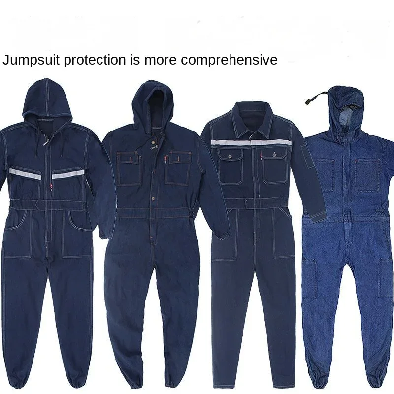 Denim Jumpsuit Work Suit Spray Painting Welder Protective Auto Repair Cargo Breeding Breathable Hooded Reflective Jumpsuit