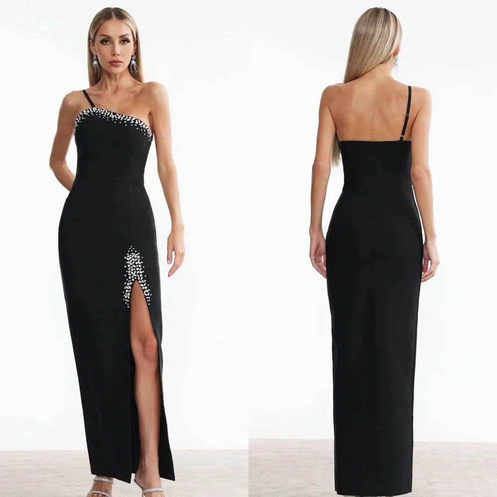 

Customized Modern Style Elegant Jersey Rhinestone Pleat Straight Strapless Ankle Length Dresses Bespoke Occasion Dresses Fashion