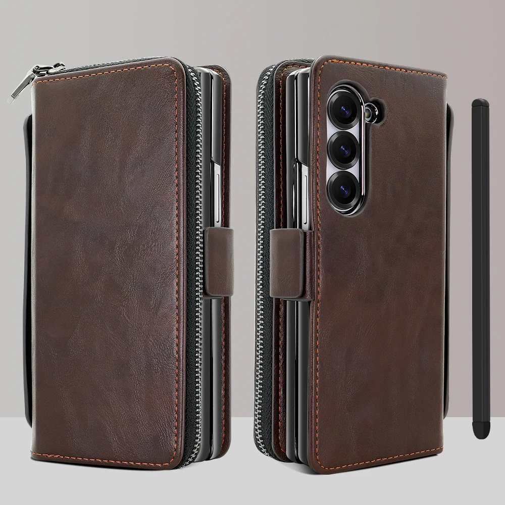 Z Fold 7 Wallet Phone Case With Pen, Coffee Plain PU Leather Phone Cover For Samsung Galaxy Z Fold 6 5 4 With Wristband, Plating