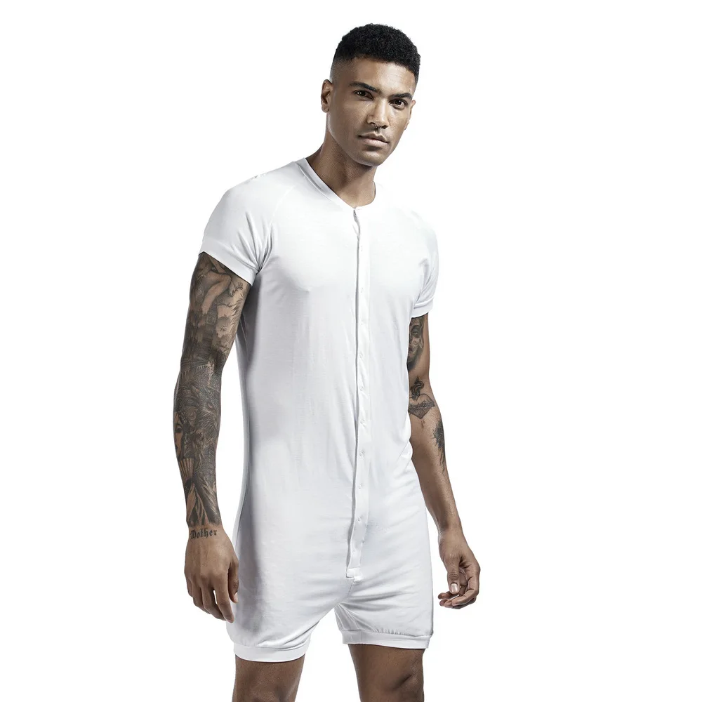 Men's Sexy Jumpsuit White Elastic Soft Modal Split Jumpsuit Male Single Breasted Buttons Sports GYM Onesies Bodysuits Pajamas