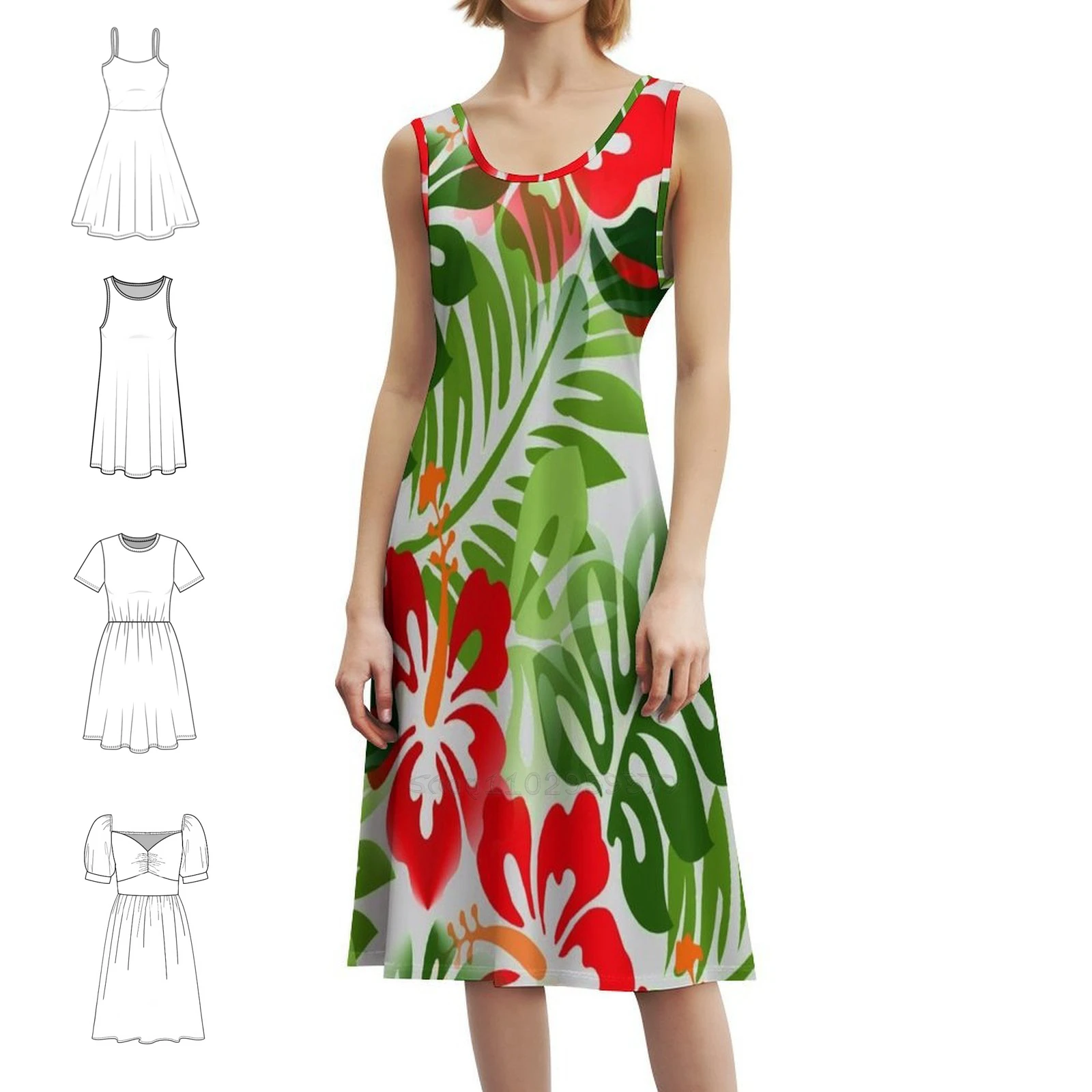 Hawaiian Flowered Pattern Tropical Red Green Preppy Style Mini Dress For Women A-Line Loose Fit Casual Day Dress Hawaiian
