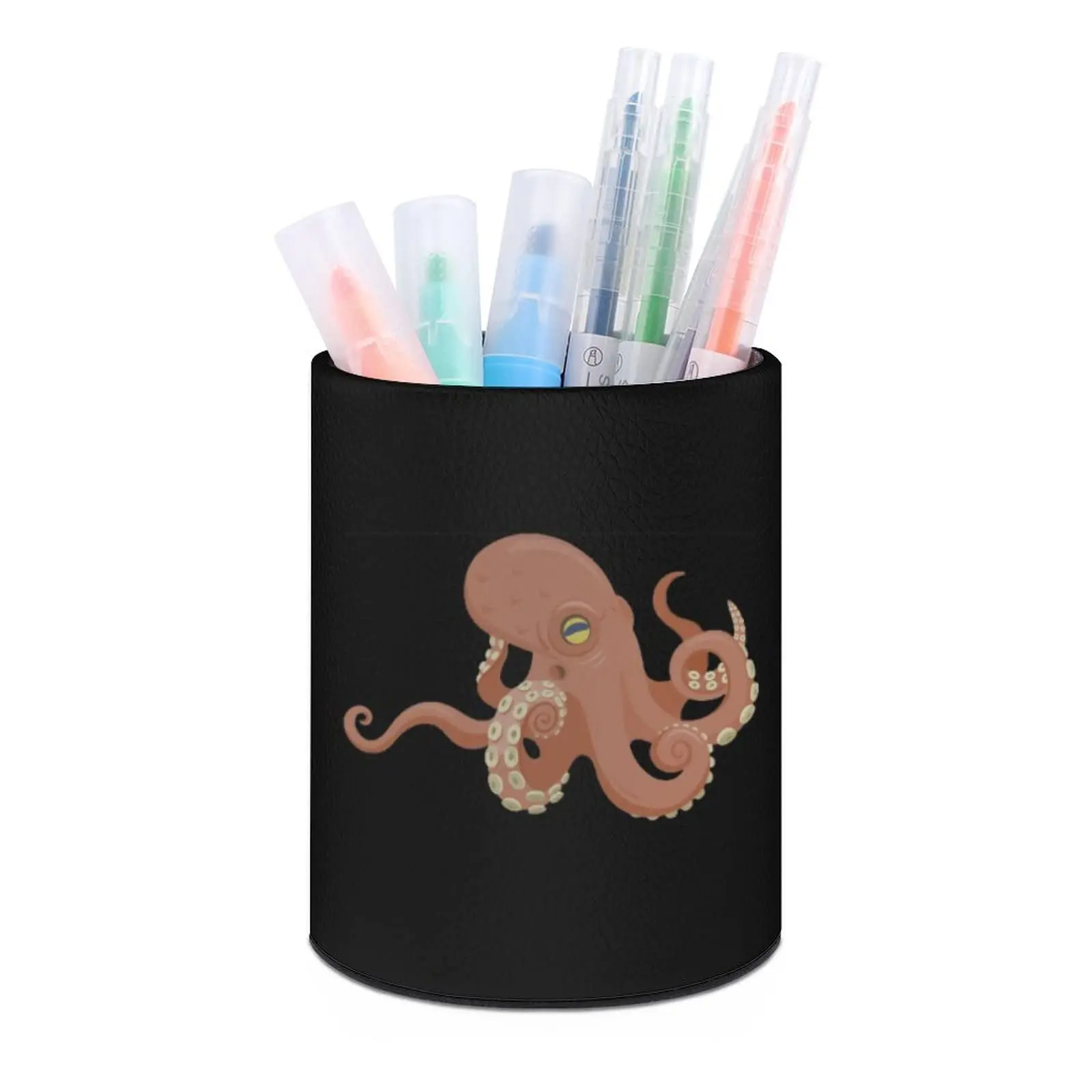 

Octopus Pattern Round Pen Holder PU Leather Pencil Cup Pen Stand Makeup Brush Holder Pen Organizer for Office Home Children Gift