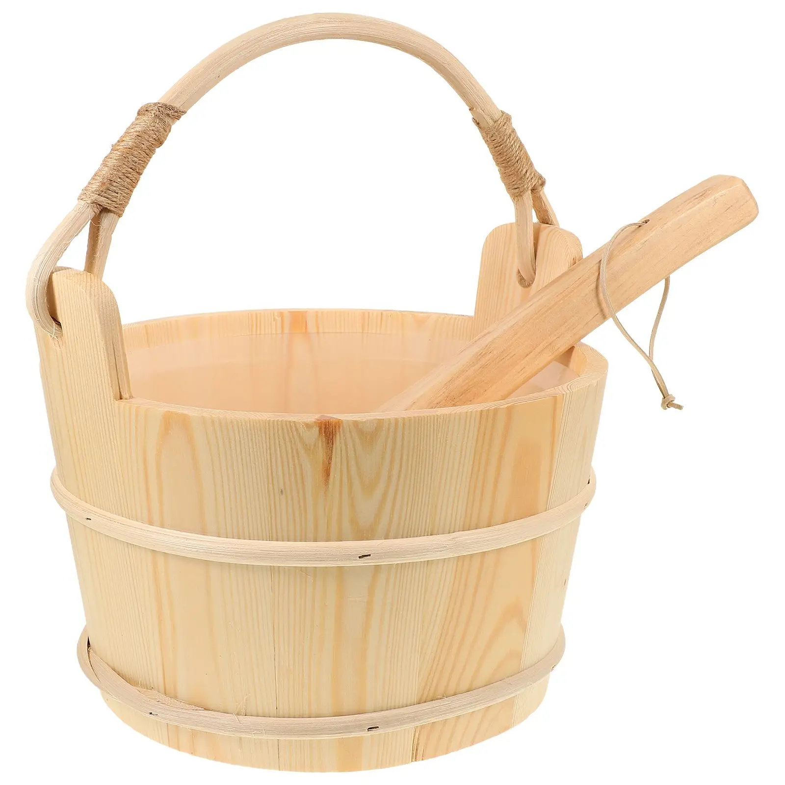 

Sauna Barrel Bucket Wood with Plastic Liner Practical Tub Wooden Bathing Classic and Spoon
