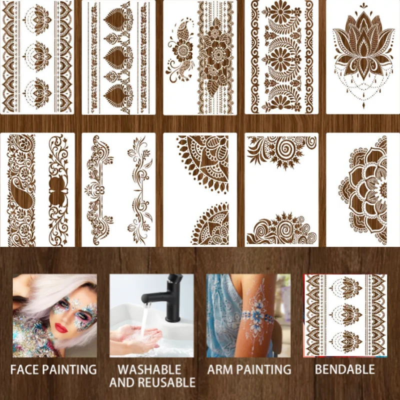 

New Lace Painting Hollow Tattoo Template DIY Reusable Graffiti Painted Face Arm Body Art Tattoo Stencil PET Copy Drawing Tools